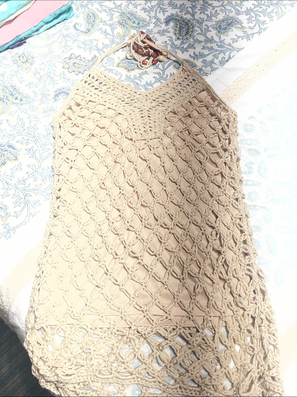 Neutral Beige Crochet Halter Swim Cover-Up